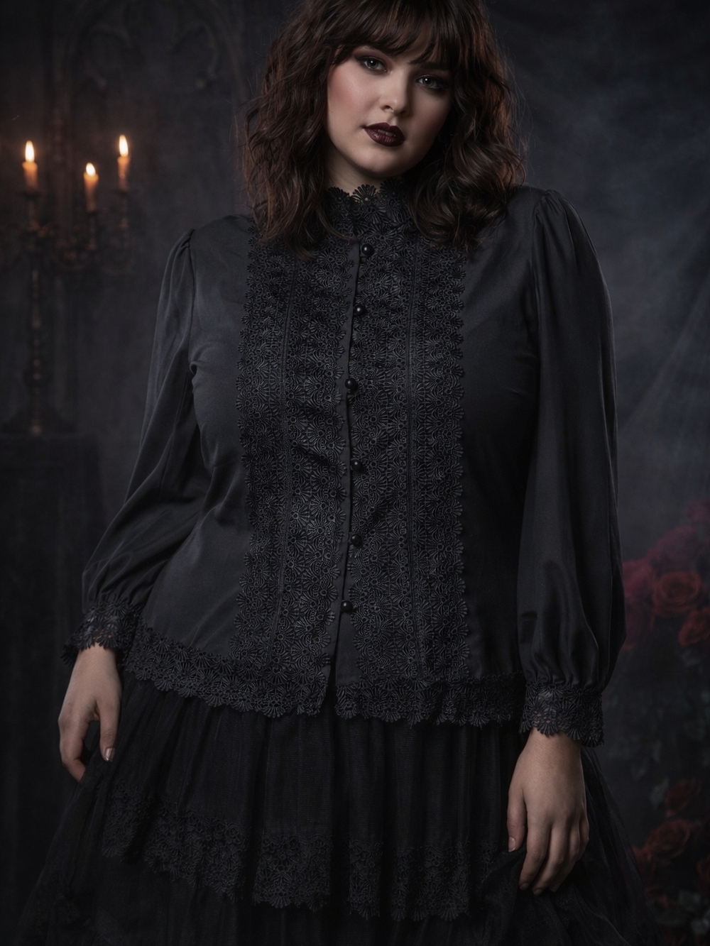 Bedford Fair Black Lace Blouse Gothic Victorian Romantic Lace Panel